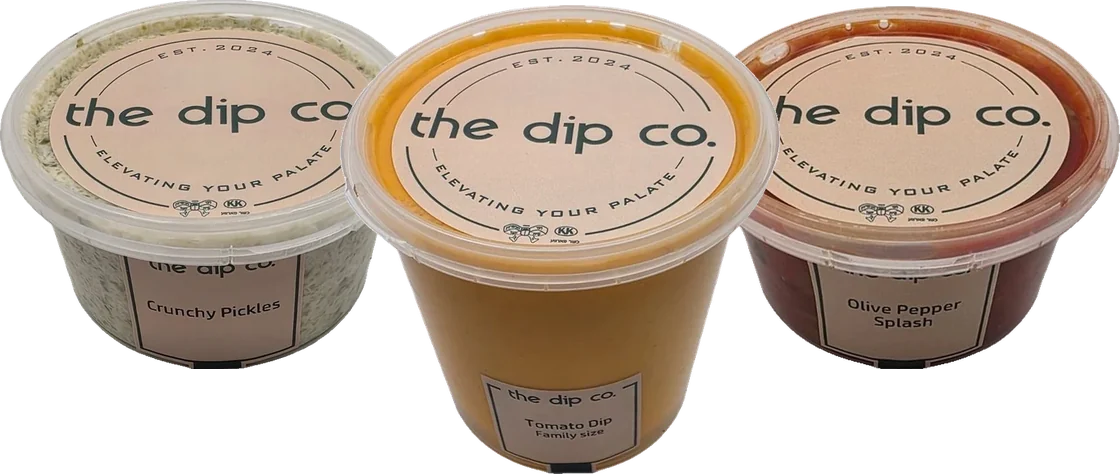 Tubs of Crunchy Pickles, Tomato Dip Family Size and Olive Pepper Splash