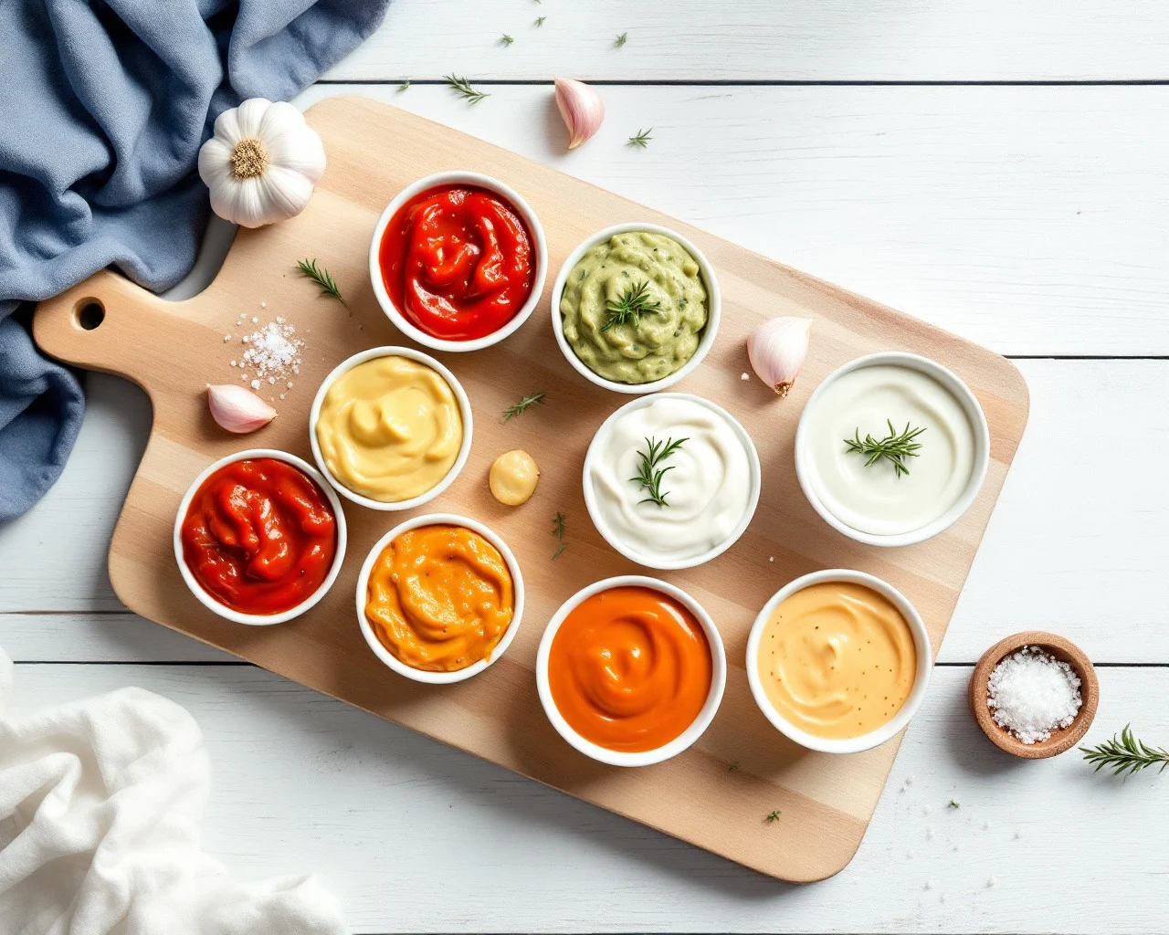 Six bowls of colourful dips with pita, lemon and herbs on white marble