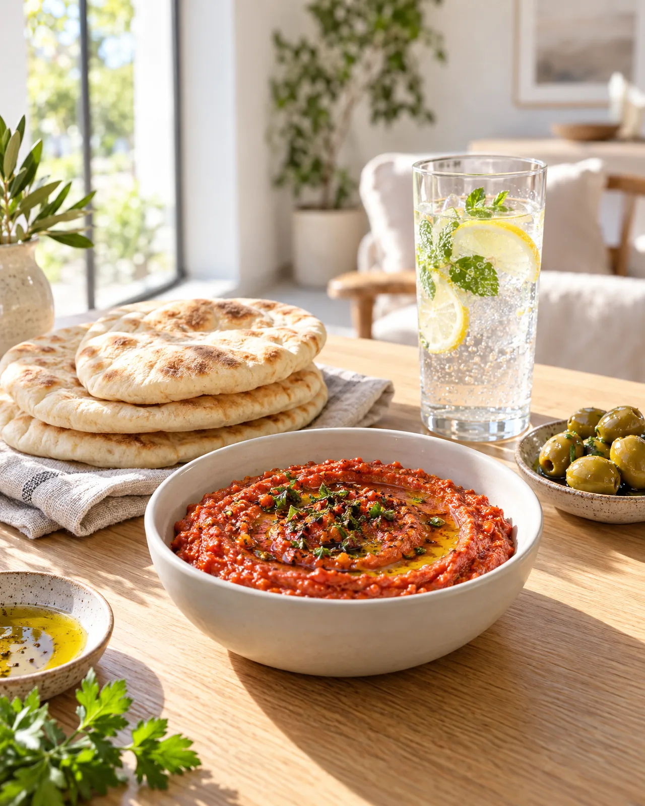 A bowl of red pepper dip with warm pita, olives and a glass of sparkling water on a sunny table