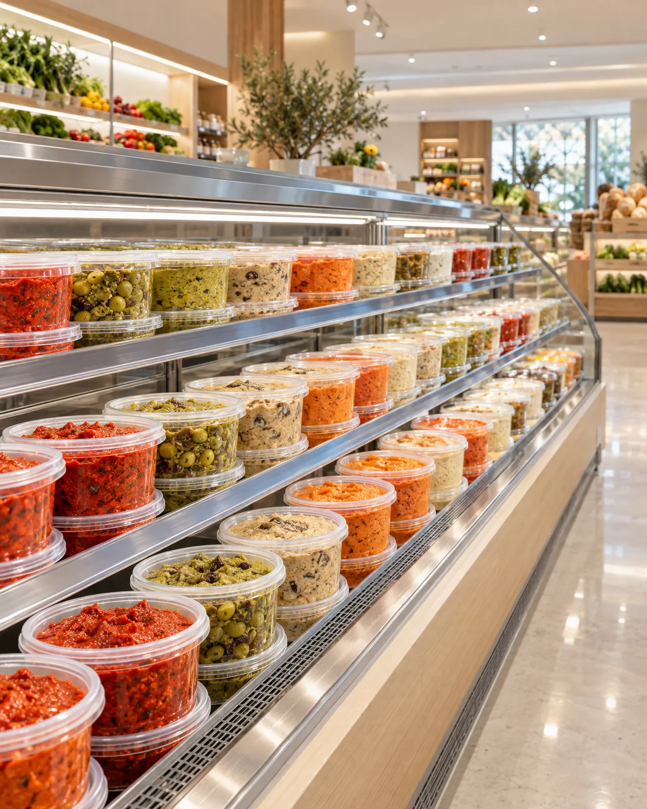 A bright deli case with neat rows of fresh dips